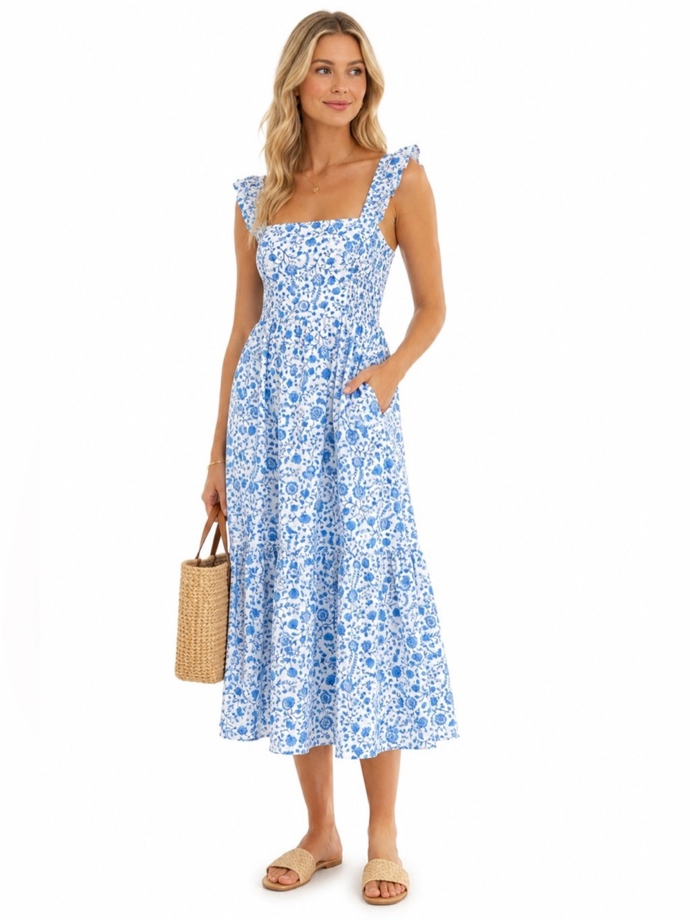 Draper James Flutter Strap Smocked Midi Dress White Blue Floral Size XL